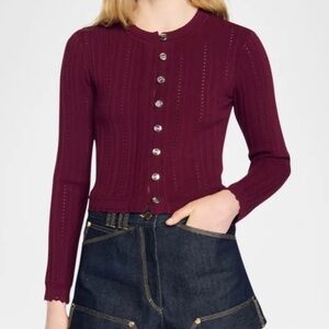 Sandro NWT Cropped Cable Knit Cardigan in Burgundy Size 2